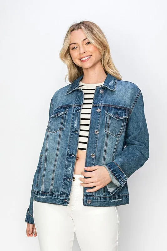RISEN Dark Washed Distressed Button Up Jacket