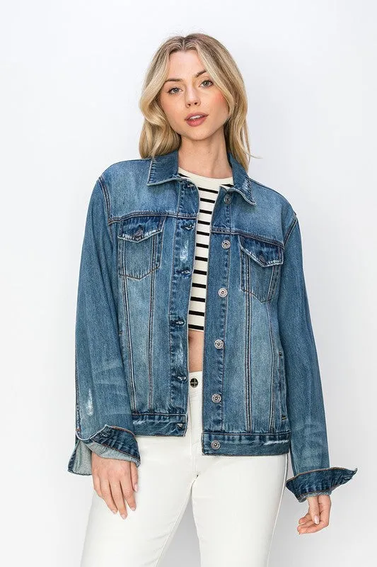 RISEN Dark Washed Distressed Button Up Jacket