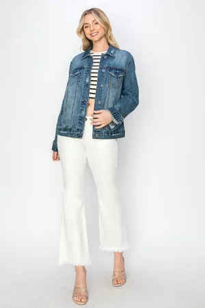 RISEN Dark Washed Distressed Button Up Jacket