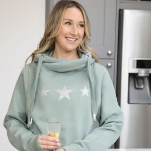 Sage Green and Silver Glitter Triple Star Cowl Neck Hoodie