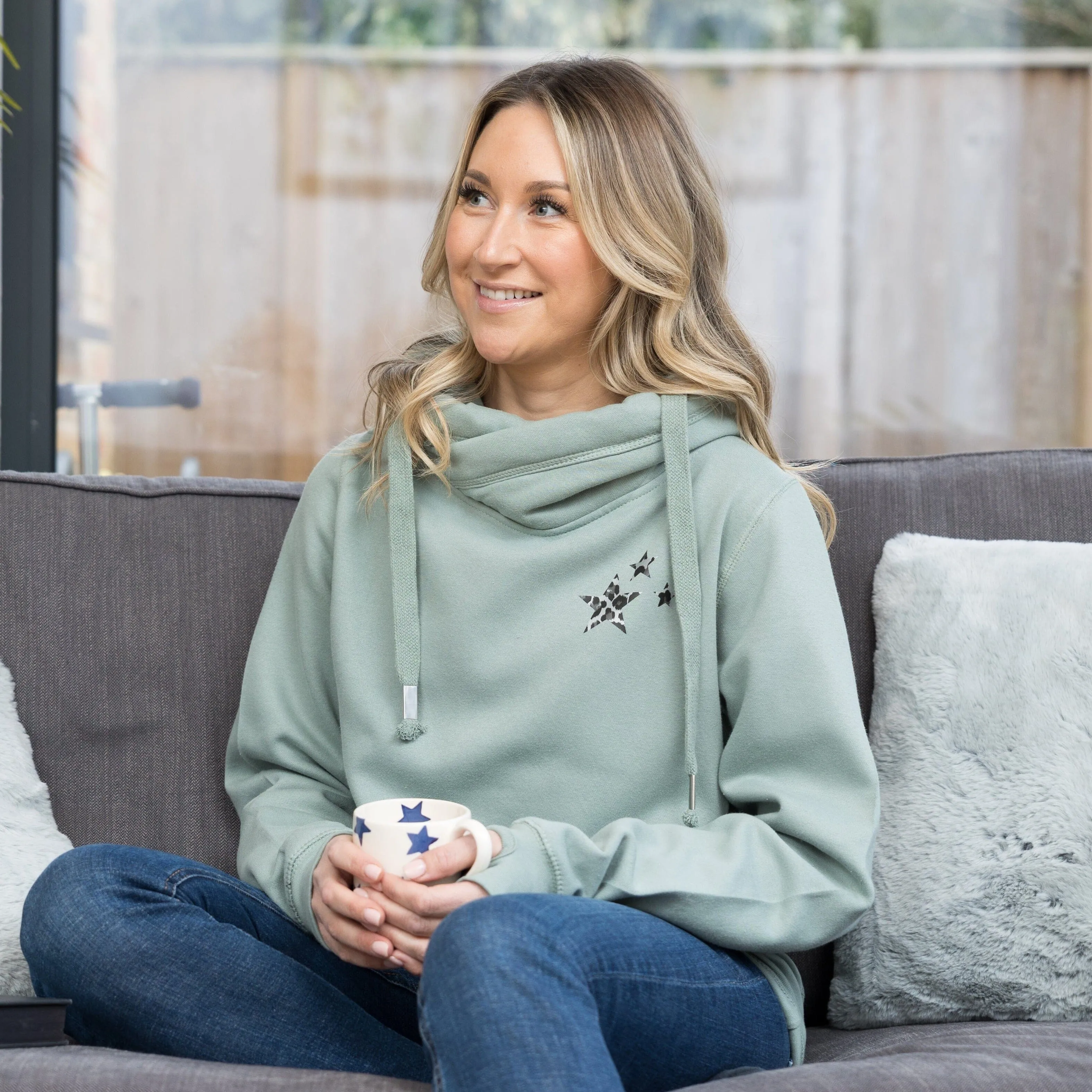 Sage Green Leopard Scattered Stars Cowl Neck Hoodie