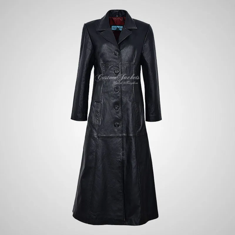 SECRET Ladies Black Leather Trench Coat Full Length Leather Coat