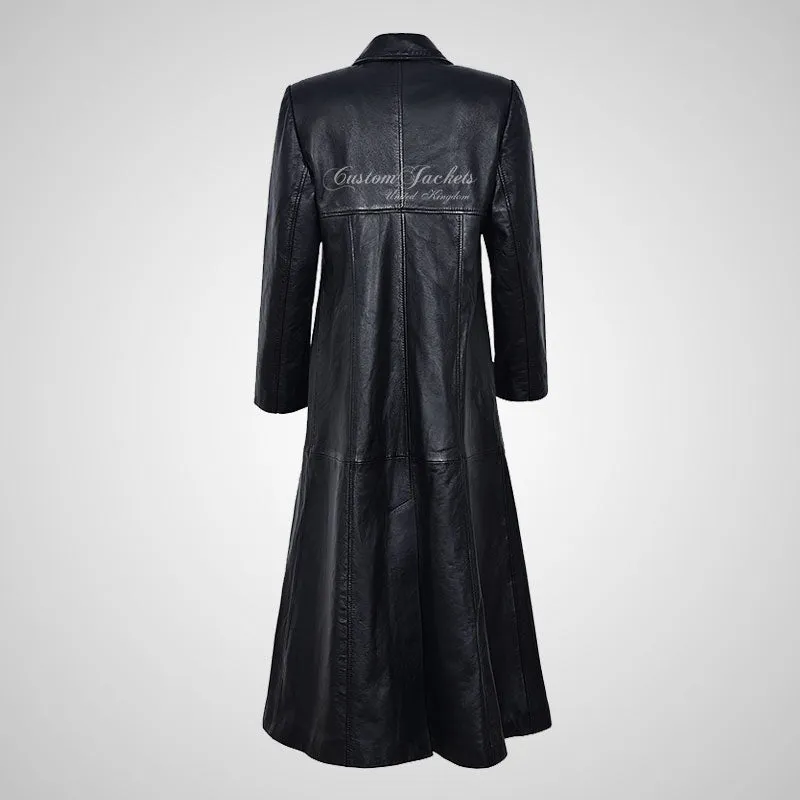 SECRET Ladies Black Leather Trench Coat Full Length Leather Coat