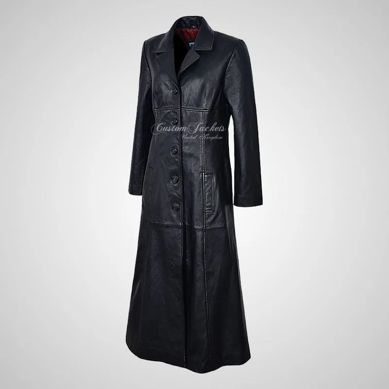SECRET Ladies Black Leather Trench Coat Full Length Leather Coat