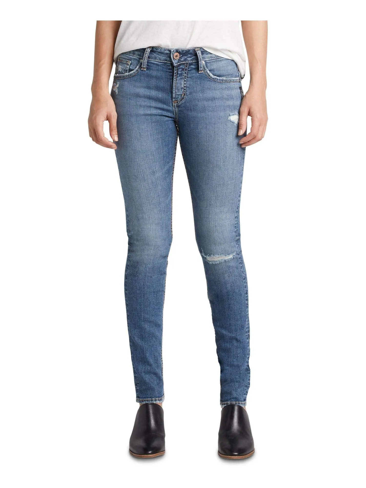 Silver Women's Avery Distressed Indigo 29/29 Curvy High Rise Slim Leg Jeans
