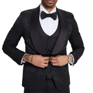 Sophisticated Black Paisley Tuxedo with Satin Accents - Ideal for Prom & Wedding Elegance