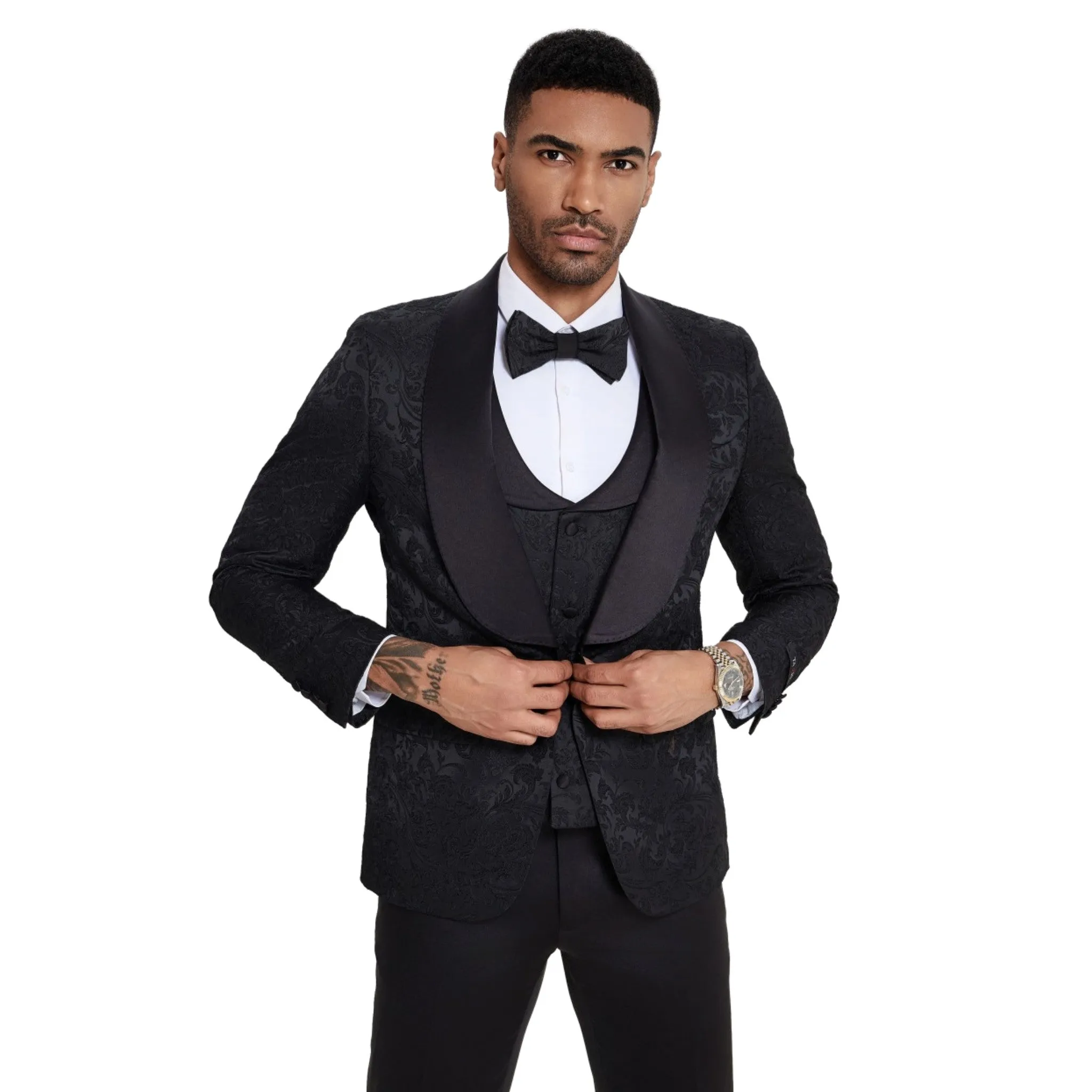 Sophisticated Black Paisley Tuxedo with Satin Accents - Ideal for Prom & Wedding Elegance