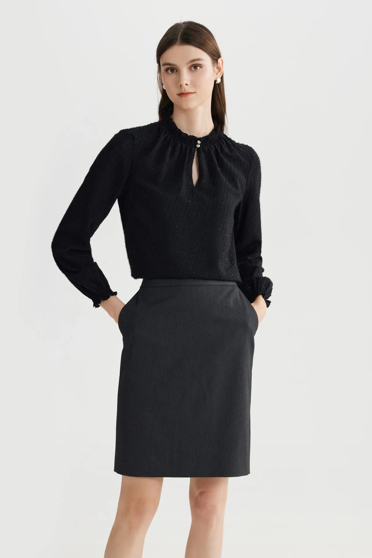 Swiss Dot Stand collar blouse