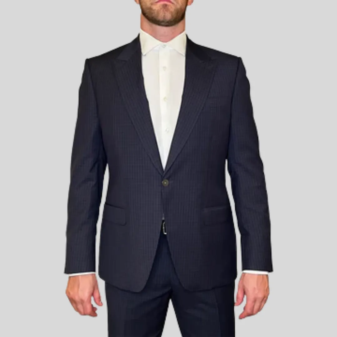 Tattersall Check Peak Lapel Suit - Navy