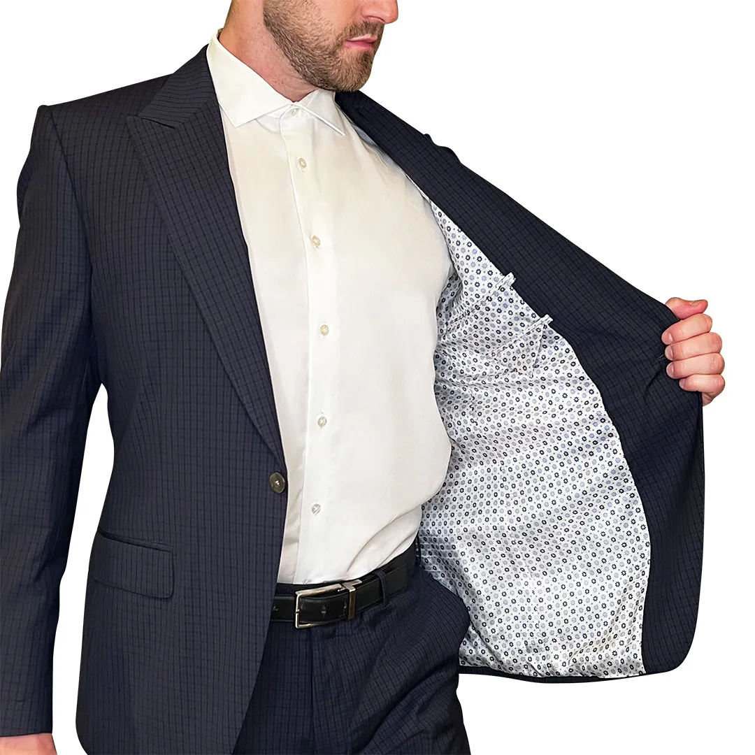 Tattersall Check Peak Lapel Suit - Navy