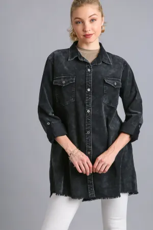 Umgee Black Raw Hem Button Down Denim Jacket with Chest Pockets