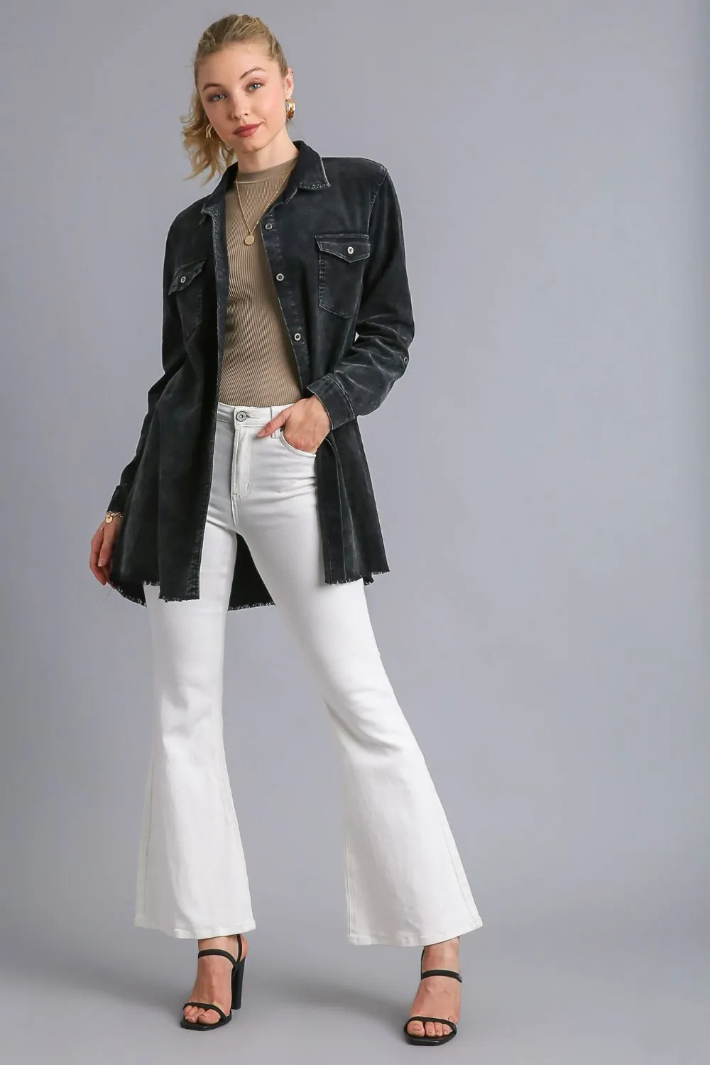 Umgee Black Raw Hem Button Down Denim Jacket with Chest Pockets