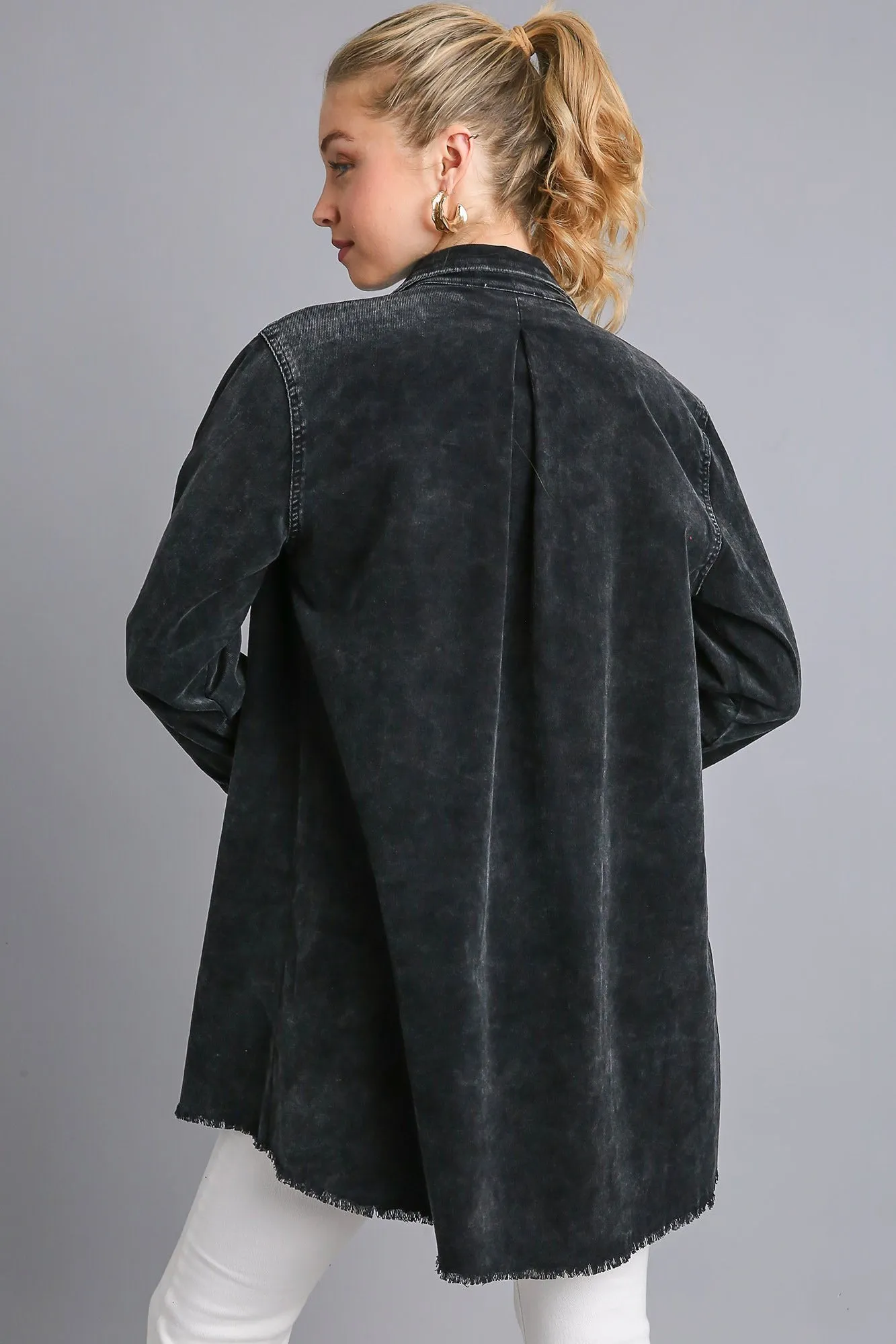Umgee Black Raw Hem Button Down Denim Jacket with Chest Pockets