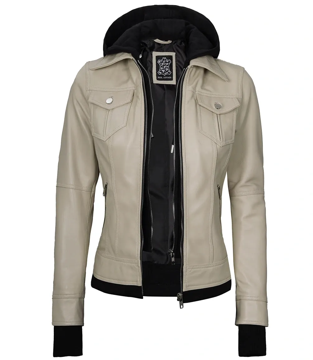 Women's Beige Motorcycle Leather Jacket with Hood