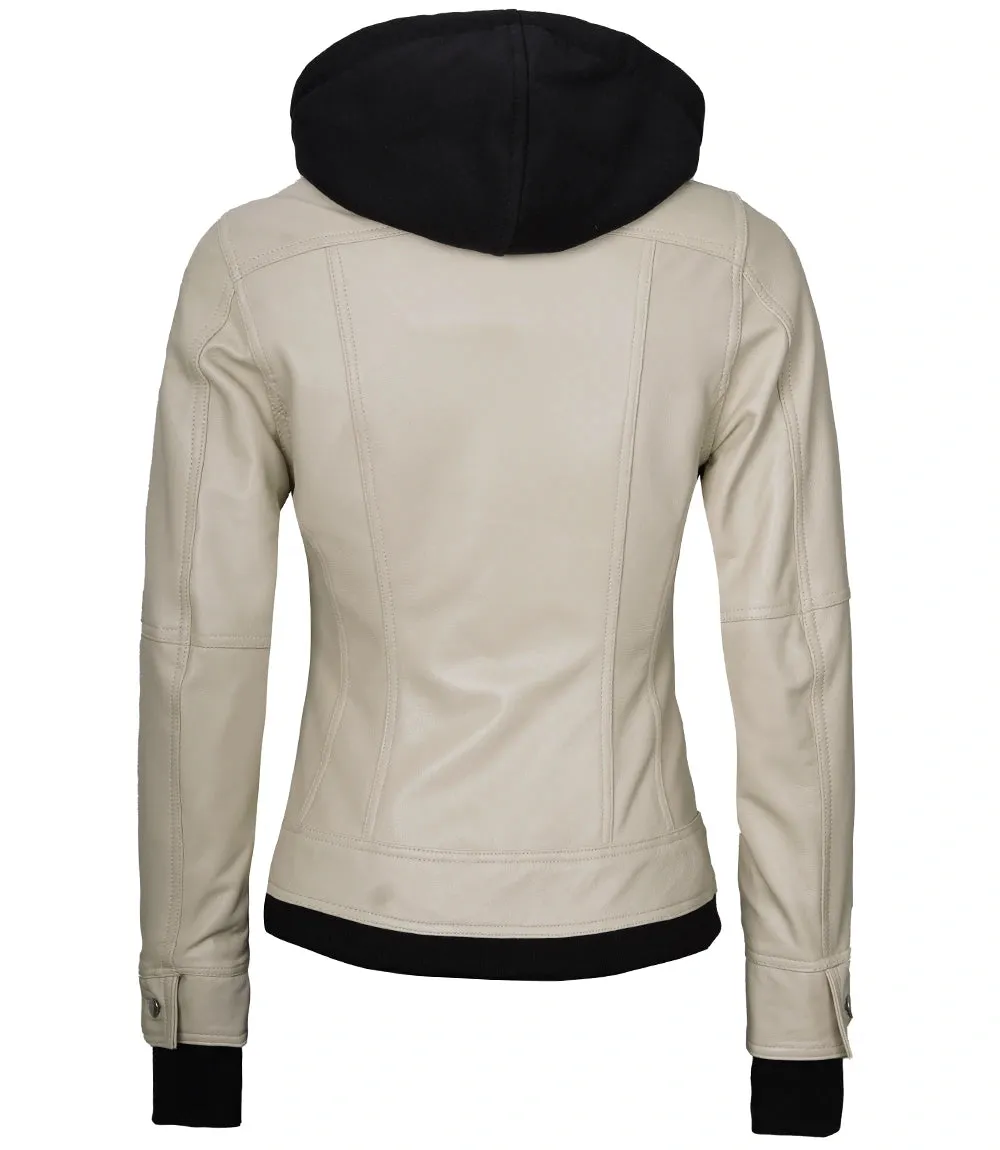 Women's Beige Motorcycle Leather Jacket with Hood