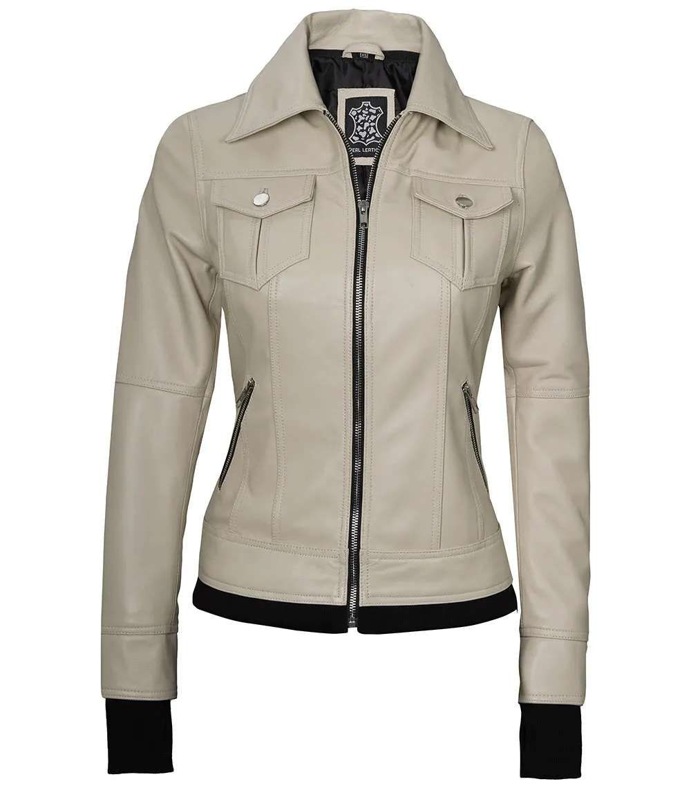 Women's Beige Motorcycle Leather Jacket with Hood