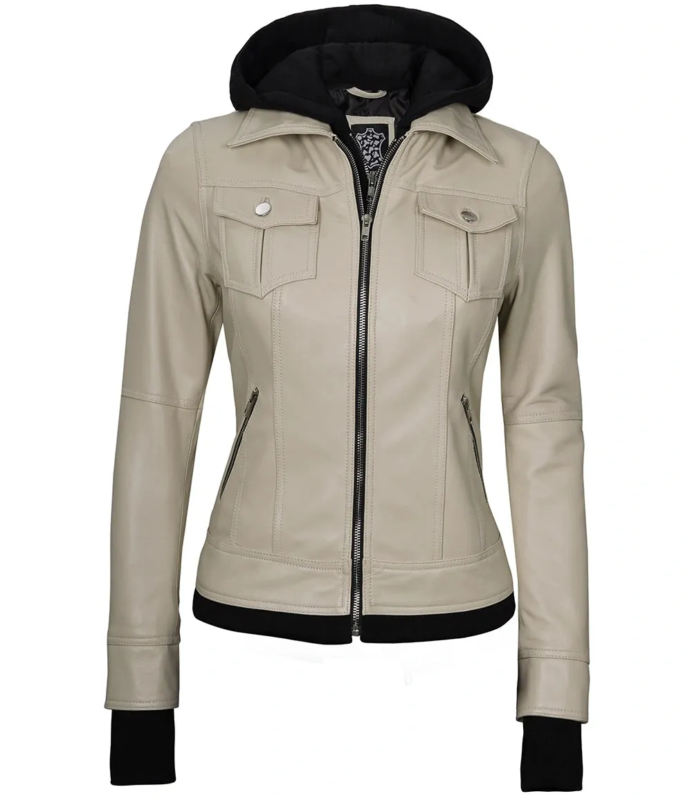 Women's Beige Motorcycle Leather Jacket with Hood