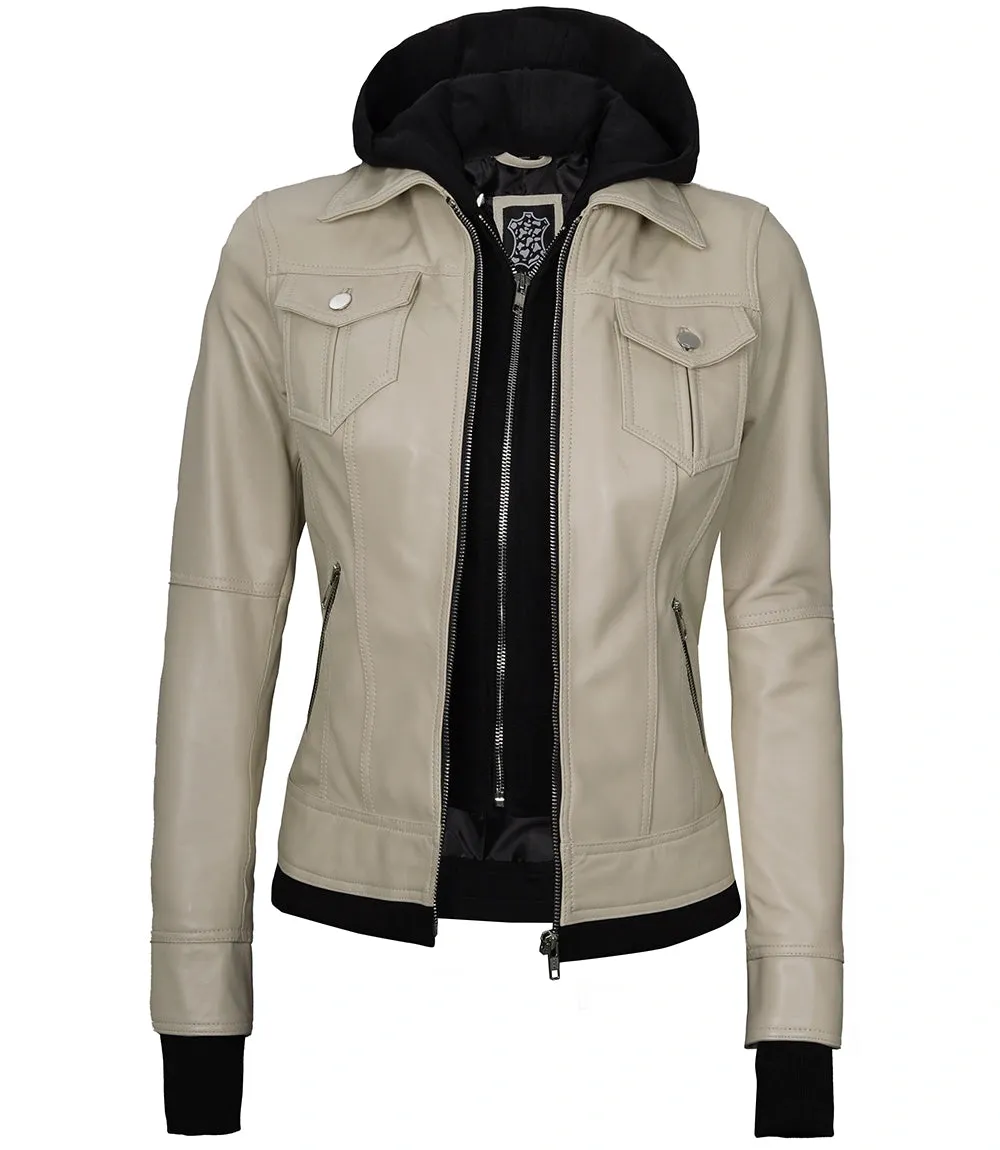 Women's Beige Motorcycle Leather Jacket with Hood
