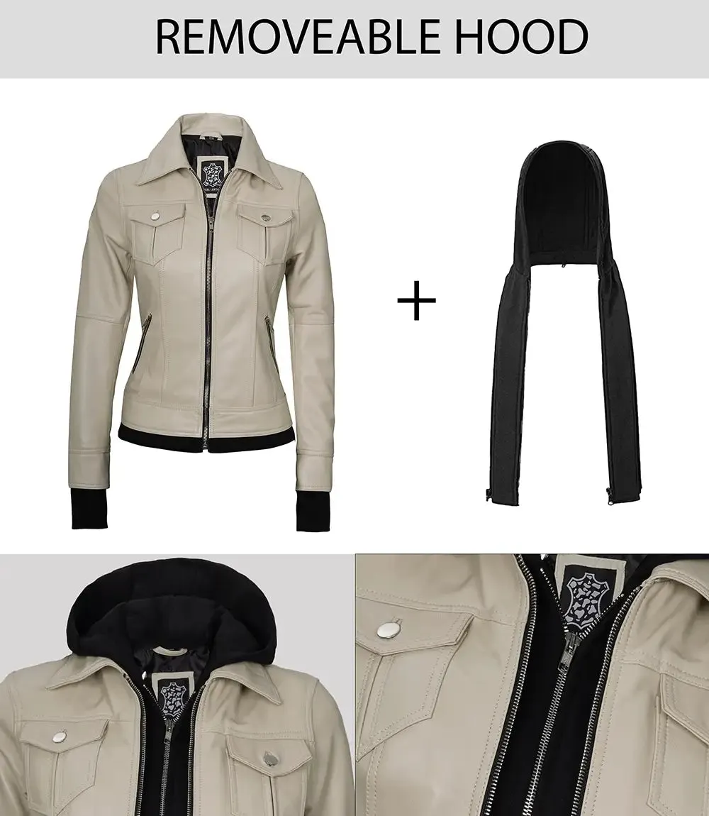 Women's Beige Motorcycle Leather Jacket with Hood