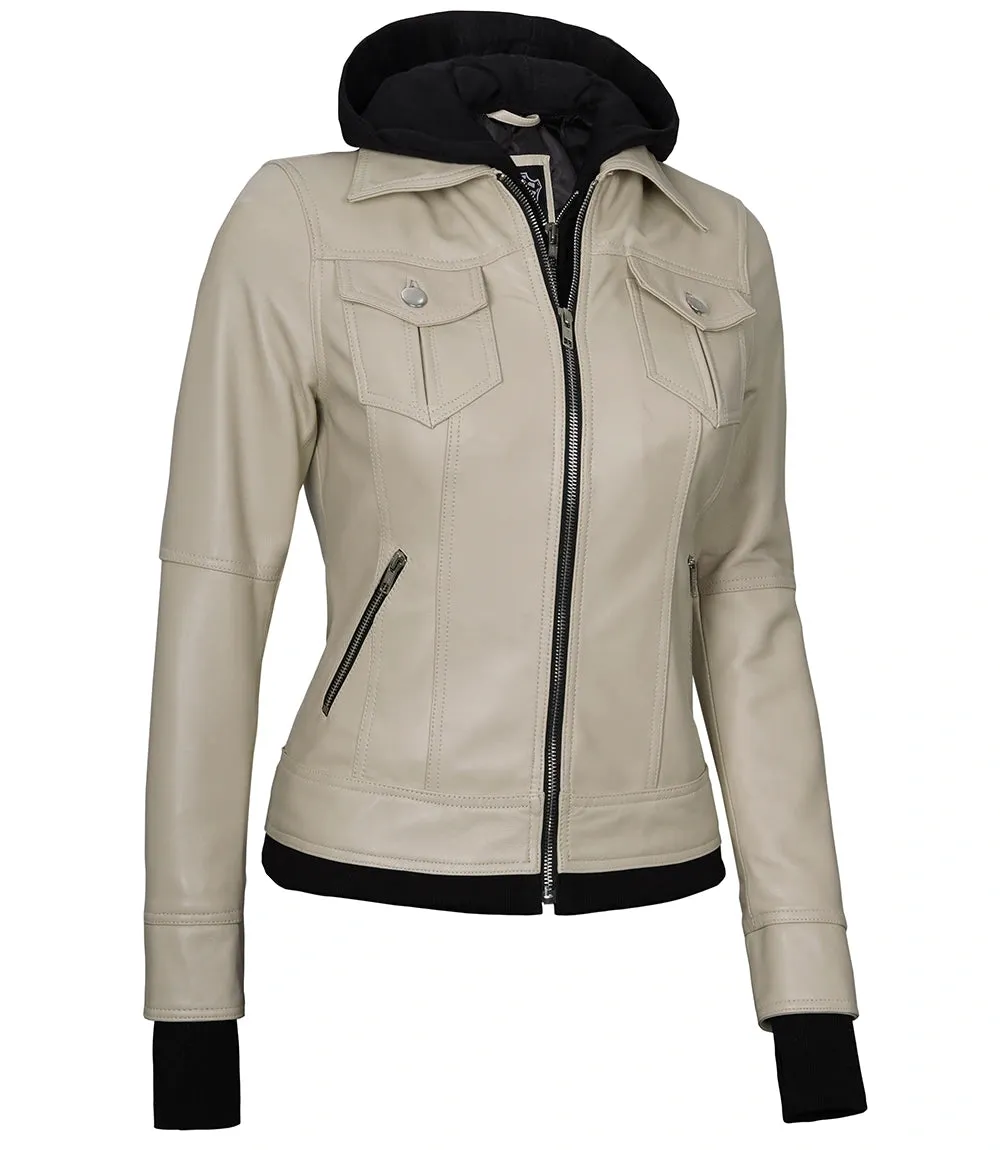Women's Beige Motorcycle Leather Jacket with Hood