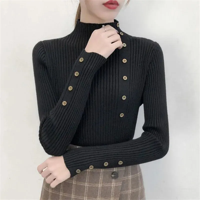 Women’s Knitted Slim Turtleneck Soft Cotton Elastic Pullovers Sweaters