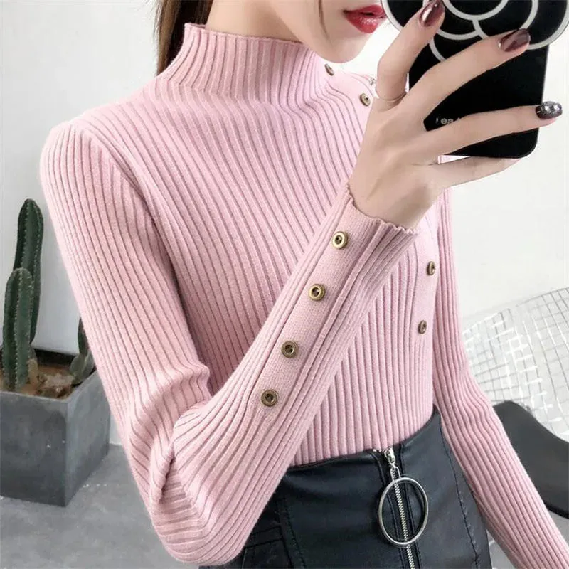 Women’s Knitted Slim Turtleneck Soft Cotton Elastic Pullovers Sweaters