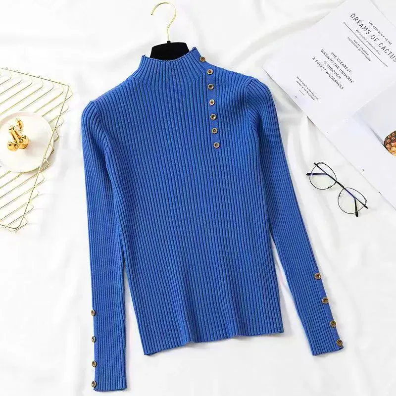 Women’s Knitted Slim Turtleneck Soft Cotton Elastic Pullovers Sweaters