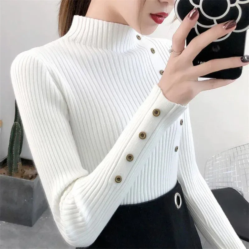 Women’s Knitted Slim Turtleneck Soft Cotton Elastic Pullovers Sweaters