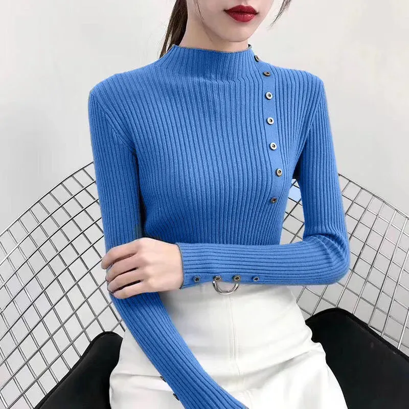 Women’s Knitted Slim Turtleneck Soft Cotton Elastic Pullovers Sweaters