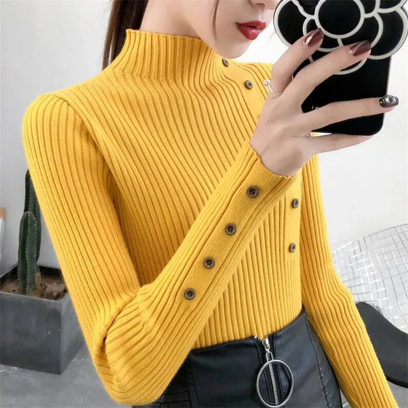 Women’s Knitted Slim Turtleneck Soft Cotton Elastic Pullovers Sweaters