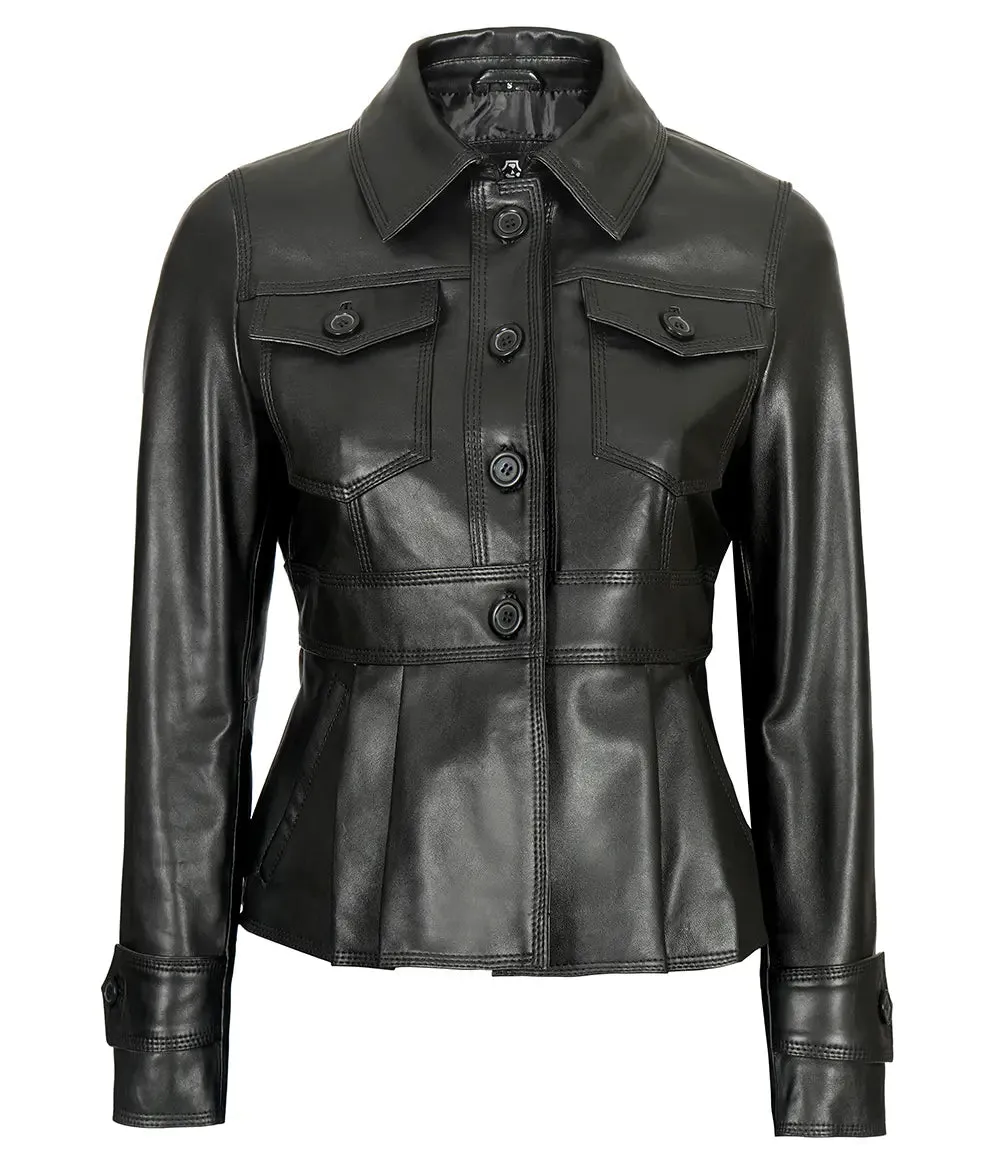 Women’s Short Body Black Peplum Leather Jacket