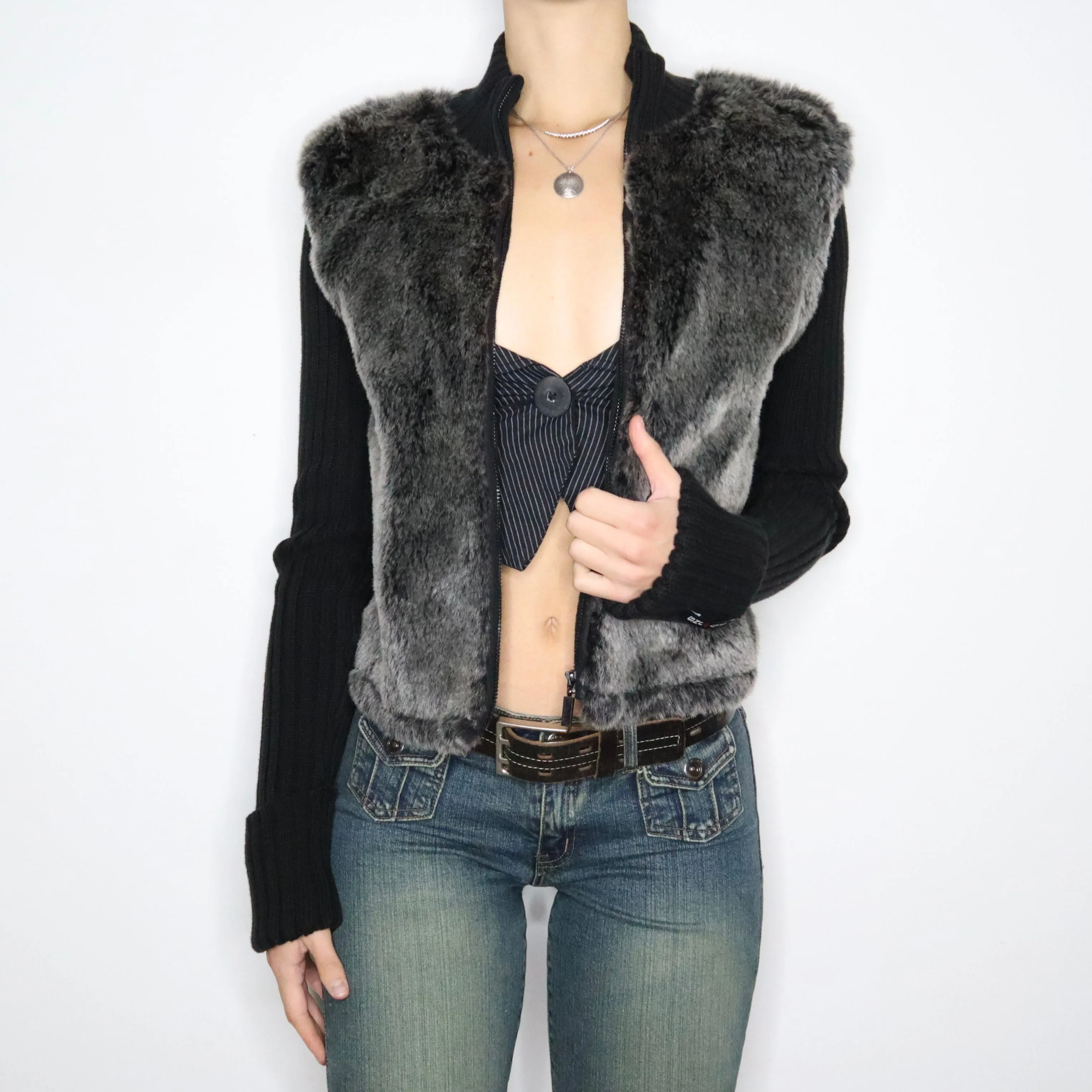 Y2K DKNY Gray Fur Zip Up Sweater (M/L)