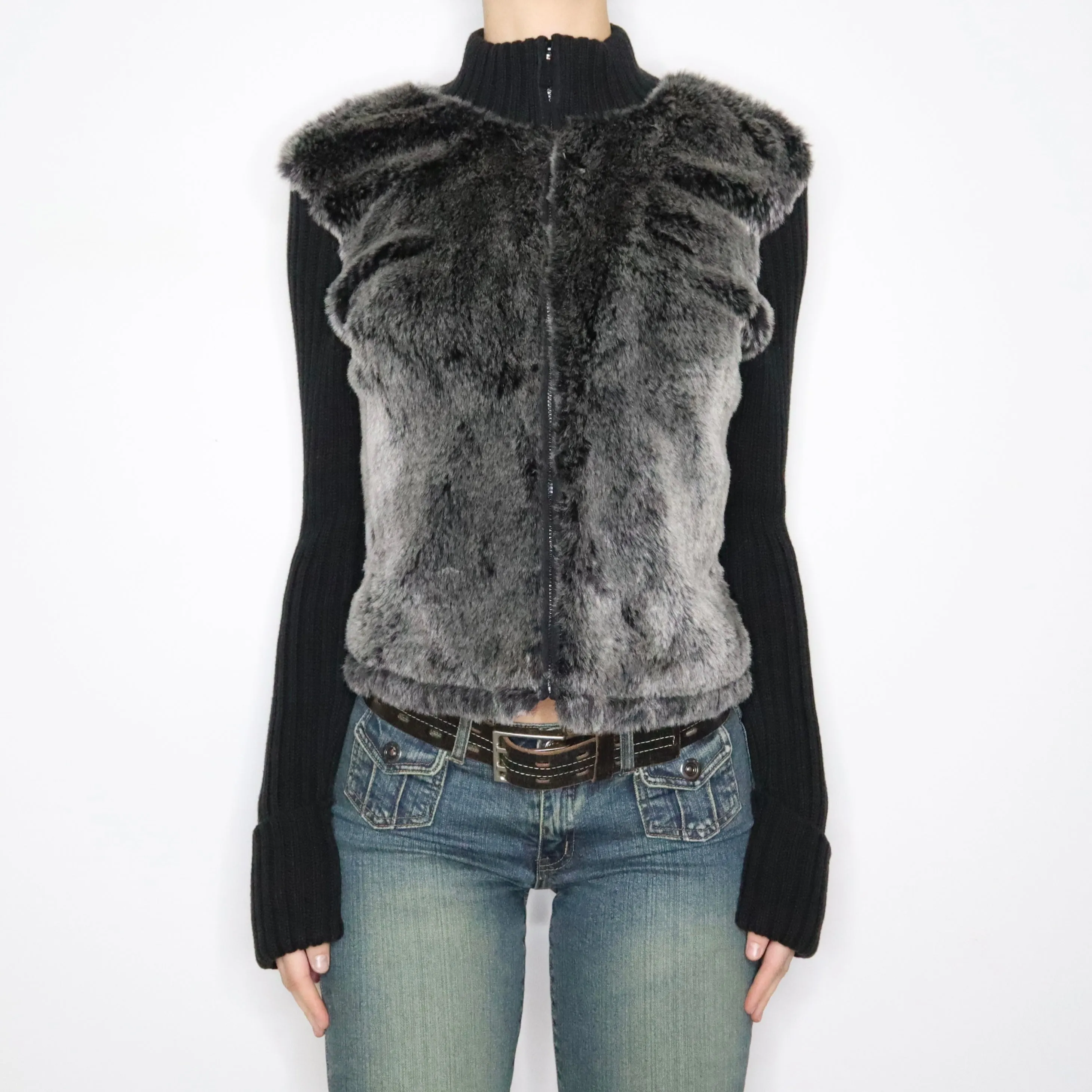 Y2K DKNY Gray Fur Zip Up Sweater (M/L)
