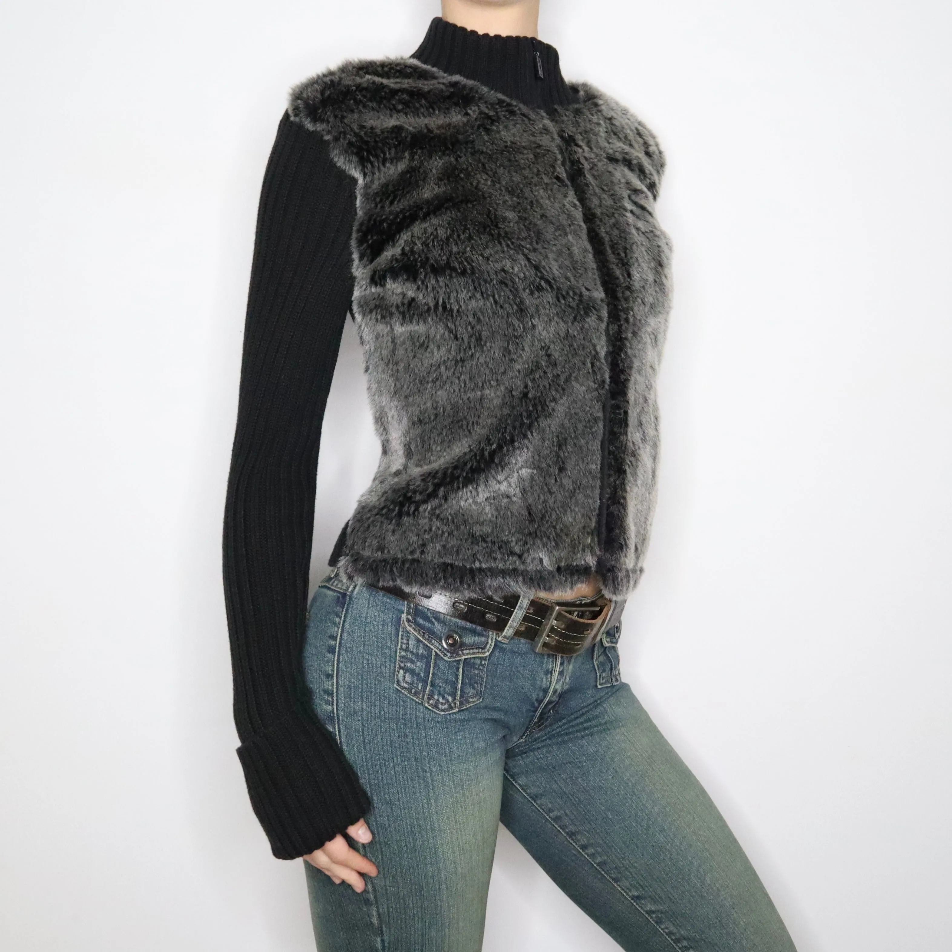 Y2K DKNY Gray Fur Zip Up Sweater (M/L)