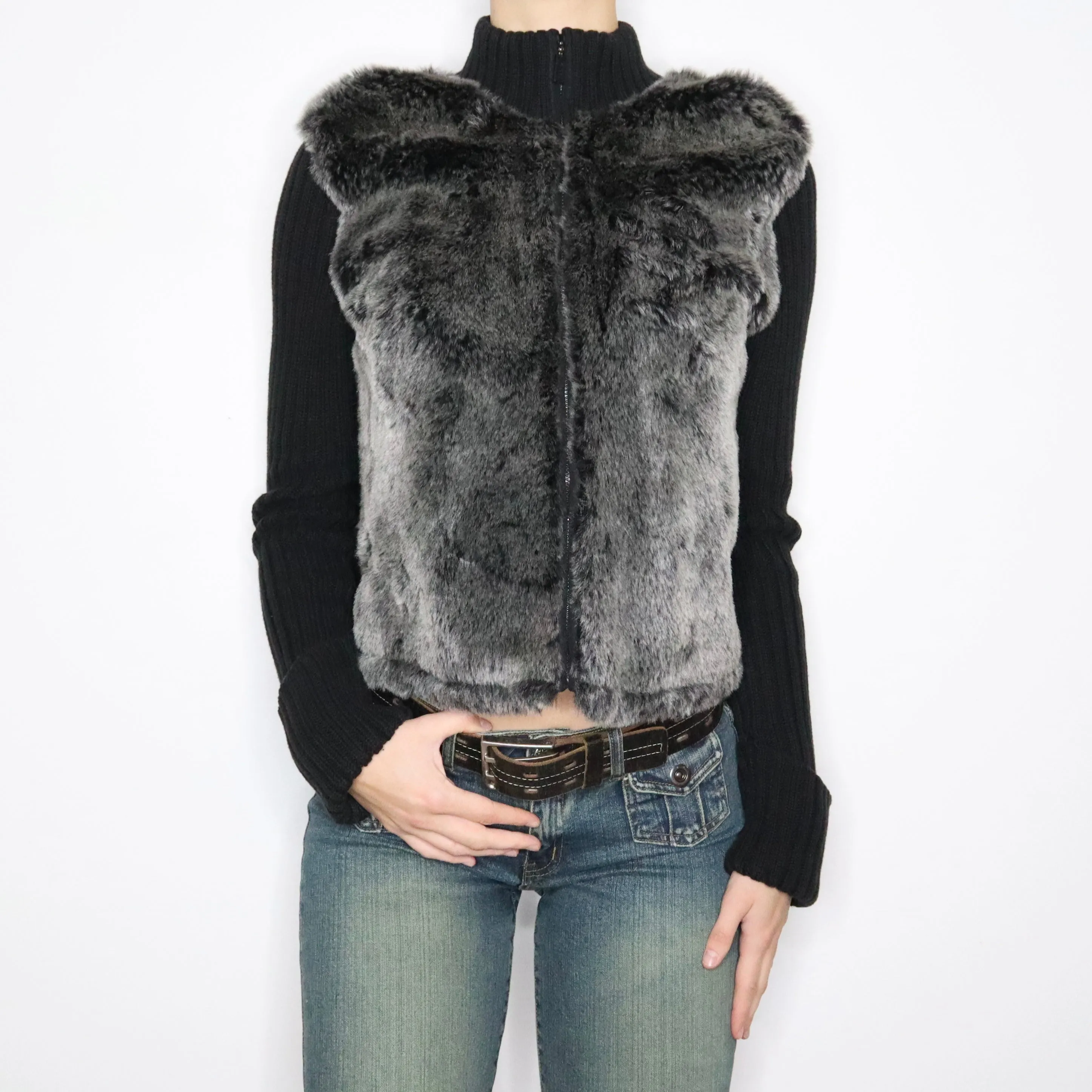 Y2K DKNY Gray Fur Zip Up Sweater (M/L)