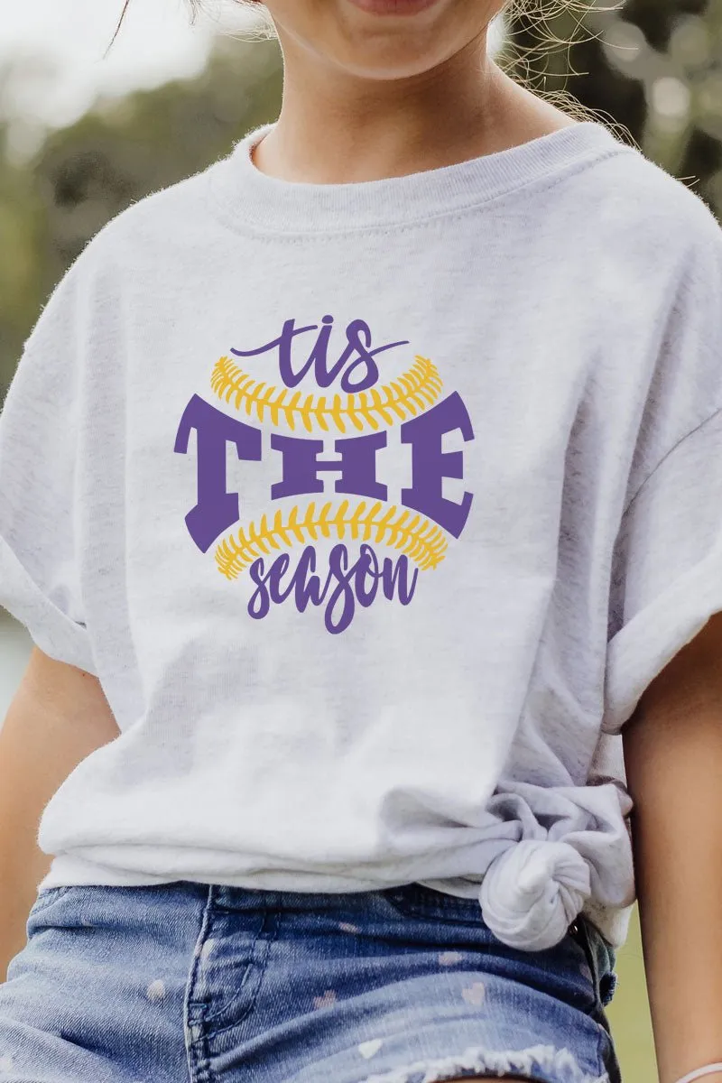 Youth Tis The Season Baseball Purple and Gold Dri-Power 50/50 T-Shirt