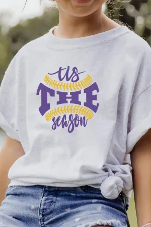 Youth Tis The Season Baseball Purple and Gold Dri-Power 50/50 T-Shirt
